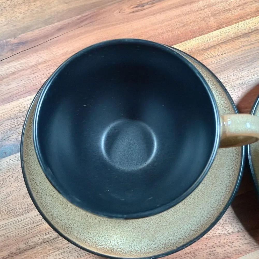Pier 1 Kioko Stoneware Coffee Tea Mug Cup‎ & Saucer 2 Sets Speckled Hand Painted